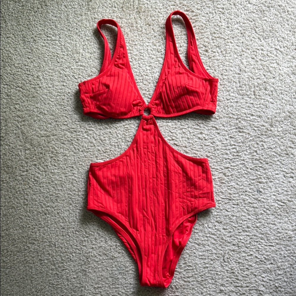 Aerie Red Ribbed Cut-Out Monokini